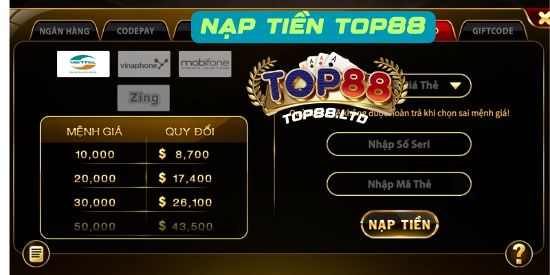 Nạp tiền Top88 bằng thẻ cào